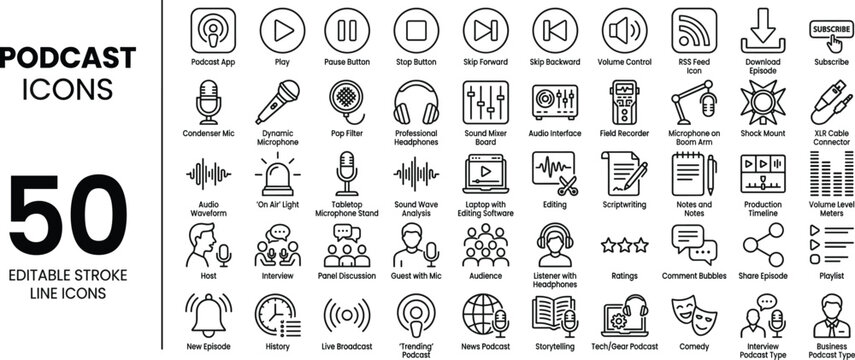 Podcast Icons Set &ndash; Microphones, Soundwaves, Streaming and Recording Outline