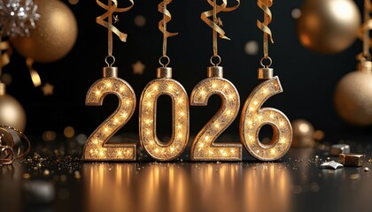 Obraz premium Golden illuminated numbers spell 2026 with sparkling ornaments. Festive year end celebration on dark background. New Year party decorations gleam brightly.