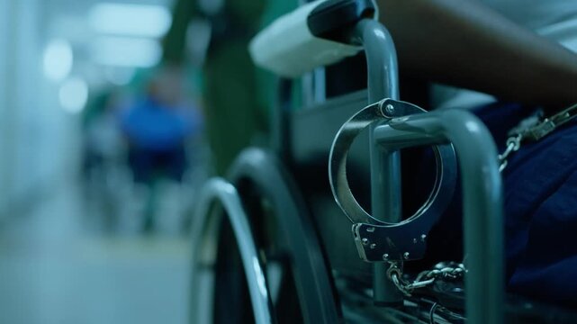 Close up of an incarcerated woman with disabilities being moved along a prison hallway