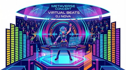 Fototapeta premium Metaverse Concert Virtual Beats DJ Nova Vector Illustration with Female DJ, Audience, and Neon Equalizers for Digital Music Events