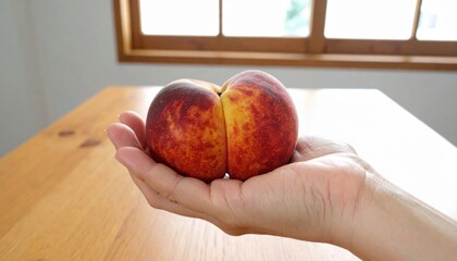 A perfectly formed lab-grown fruit held in a hand, showcasing vibrant colors and perfect symmetry
