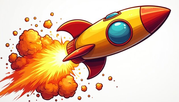 Yellow cartoon rocket ship launches with bright orange fire and smoke. This energetic illustration signifies speed, power, and ambition for space exploration projects.