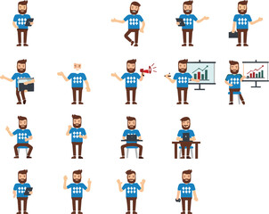 Naklejka premium Professional Male Business Character Set with Various Poses Including Presenting Data Charts, Using Laptop, Speaking with Megaphone, and Carrying Office Briefcase