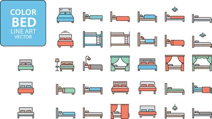 Large collection of color bed line art icons including bunk beds, canopy frames, double mattresses, single cots, and bedroom furniture,