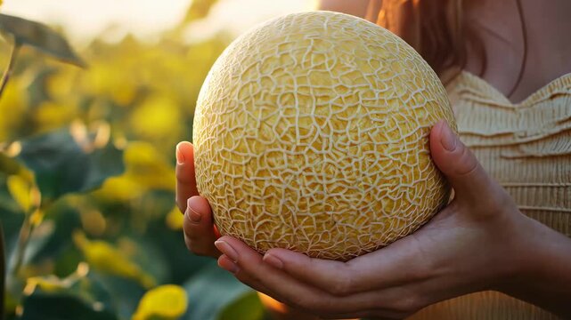 Woman gently cradles a yellow melon in her hands, standing amidst green plants in a sunlit field, highlighting the beauty of summer produce