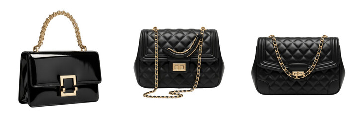 Set of luxury black quilted leather handbags and patent leather designer purses isolated on transparent background png