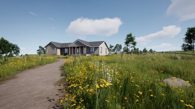 Single story residential structure sits amidst a vibrant field of tall grass and yellow wildflowers under a bright sky