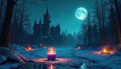 Naklejka premium Dark fantasy castle on snowy hill under full moon night. Purple candle glows in foreground, small campfires light winter forest path. Mystical fairy tale scene.