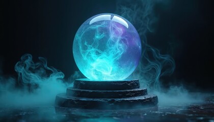 Fototapeta premium Glowing crystal sphere rests on stone stand emitting blue nebulae and smoke. Mystical orb shows future, prediction, divination, and magic energies. Occult or esoteric visualization.