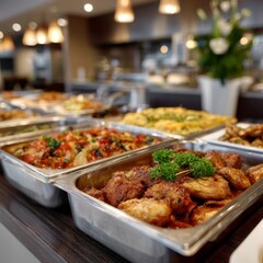 Obraz premium Buffet with diverse hot dishes in modern restaurant