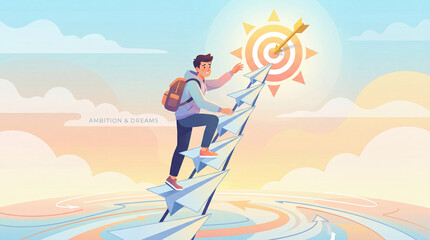 Rising on ethereal paper wings, a determined individual charts an ascending course toward a radiant sun-goal in the vibrant sky