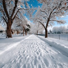Fototapeta premium Snow-covered pathway lined with trees in winter landscape