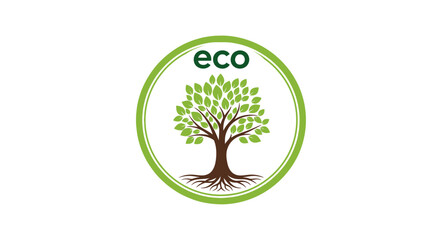 Obraz premium Eco friendly tree logo with green leaves and roots.