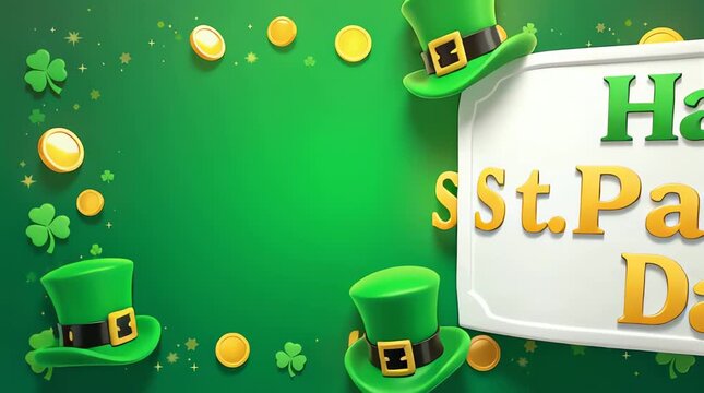 St Patricks Day festive background with green clovers and gold coins