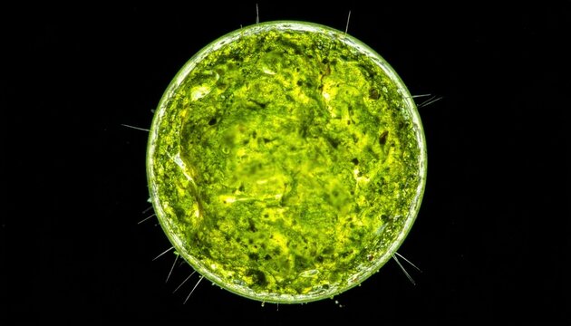 Intense Green Nutrient Dense Algae Pellet, Perfectly Spherical, Captured in Microscopic Detail