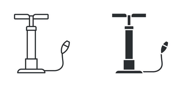 Air pump icon set, manual bicycle tire pump with hose symbol, outline and solid silhouette style. Vector illustration.