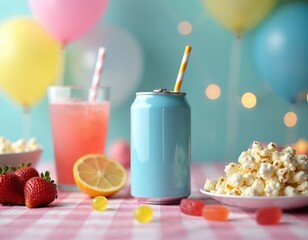 Obraz premium Party table setup with drinks snacks and balloons. A light blue can sits next to a glass of pink lemonade. Popcorn strawberries and gummy candies surround the beverages and party decor.