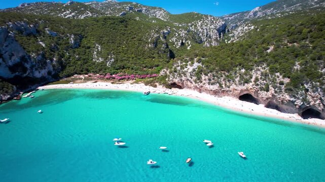 Sardinia Cala Luna beach sea caves and white cliffs aerial view with tourist boats floating in turquoise water Italy Golfo di Orosei drone footage 4k cinematic travel destination scenery