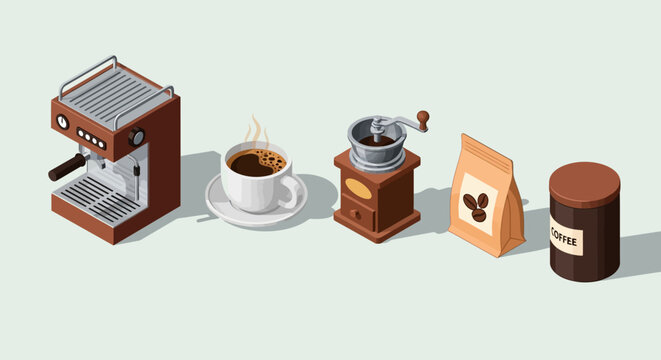 A collection of isometric illustrations depicting various coffee-making equipment and related items, including an espresso machine, a cup of coffee, a coffee grinder, and bags of coffee beans.