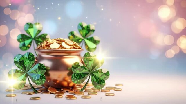 Pot of gold coins and shining clover gemstone. St Patricks Day celebration with lucky charm and copy space. Irish holiday banner.