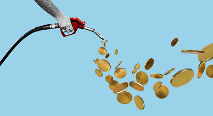 Fototapeta premium Rising fuel prices, rising oil prices, rising global oil prices for raw energy, oil crisis, gold coins as a symbol of wasting money when refueling a car.