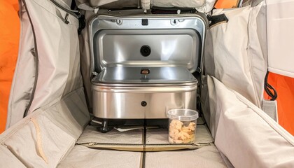 Compact portable food replicator device synthesizing meal components in a kitchen setting, demonstrating future food technology