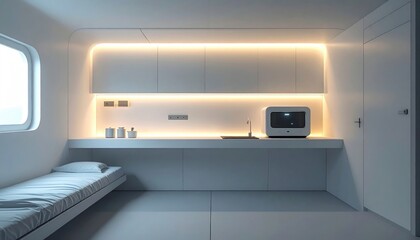 Compact Modern Kitchen Synthesizer with Integrated Lighting and Minimalist Cabinetry