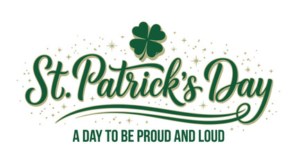 Fototapeta premium Happy St. Patrick Day lettering poster with green shamrock and orange stars. Irish traditional holiday. Horizontal templae For greeting cart, poster, banner, social media. Isolated vector illustration