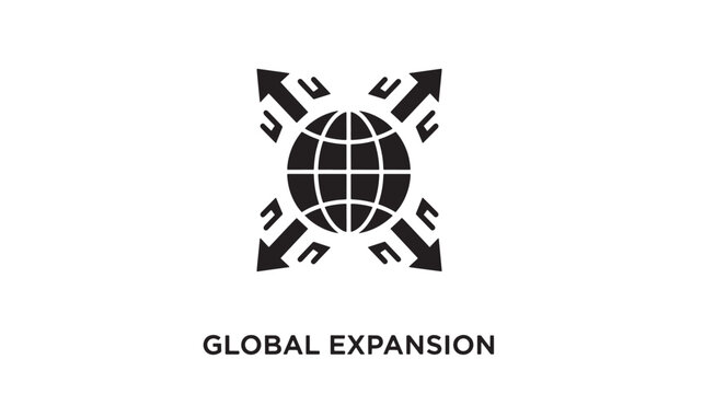 A  graphic illustration of a globe surrounded by arrows representing global expansion, on a white background.