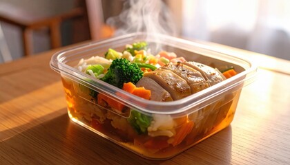 Steaming Hot Meal in Transparent Container with Sliced Chicken and Vegetables