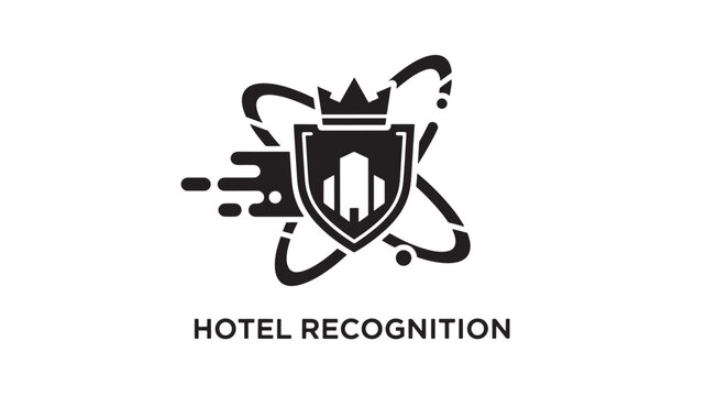 A  logo featuring a shield with a crown and building, surrounded by abstract shapes, symbolizing hotel recognition and excellence.