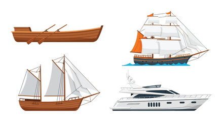 An assortment of sailing vessels and a modern yacht depicted in a flat illustrative style silhouette high quality professional detailed elegant © rabbivay
