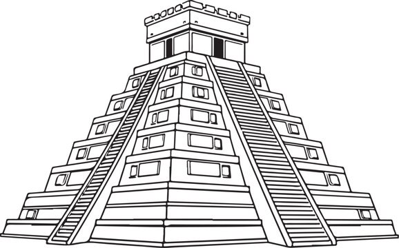 El Castillo pyramid in Chichen Itza Hand-drawn Sketch Drawing Vector Illustration, Line Linear Symbol Black and White Engraving, Isolated