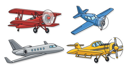A colorful illustration depicts various aircraft including biplanes jets and propeller planes showcasing a distinct silhouette high quality professional detailed modern © rabbivay