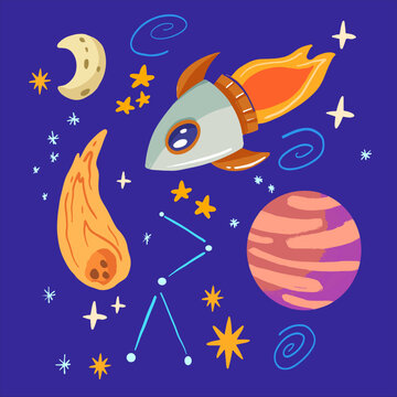 Cute Hand-Drawn Space Adventure, Astronaut and Planets Collection Illustration