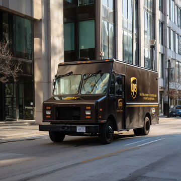 UPS Lieferwagen unterwegs in der Stadt. Editorial Aufnahme eines Paketdienst-Fahrzeugs bei der Zustellung &ndash; Symbol f&uuml;r Logistik, Versand, E-Commerce und urbane Lieferdienste.