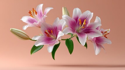 Obraz premium Pink and white lilies with green leaves arranged artistically against a soft peach background, showcasing the delicate beauty of floral design in a modern aesthetic