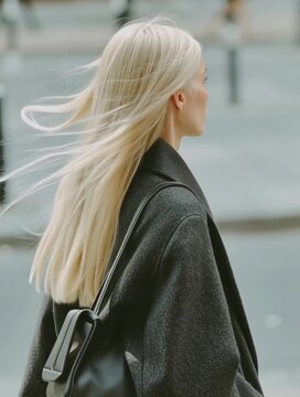 Blonde Frau mit langen Haaren bewegt sich durch eine urbane Stra&szlig;e. Nat&uuml;rliches Lifestyle-Portr&auml;t mit skandinavischer &Auml;sthetik &ndash; ideal f&uuml;r Themen wie Stadtleben, Bewegung, Alltag und modernes Leben.