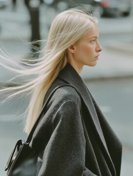 Blonde Frau mit langen Haaren bewegt sich durch eine urbane Stra&szlig;e. Nat&uuml;rliches Lifestyle-Portr&auml;t mit skandinavischer &Auml;sthetik &ndash; ideal f&uuml;r Themen wie Stadtleben, Bewegung, Alltag und modernes Leben.