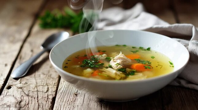 Hei&szlig;e H&uuml;hnersuppe mit Gem&uuml;se in einer Schale auf rustikalem Holztisch. Klassisches Hausmannskost-Gericht &ndash; ideal f&uuml;r Themen wie Gesundheit, Winter, Wohlf&uuml;hlessen und traditionelle K&uuml;che.