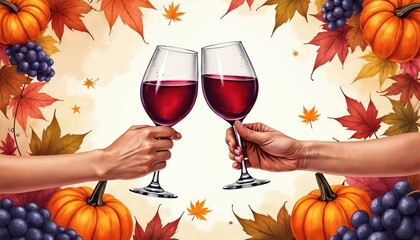 Naklejka premium Two hands hold wine glasses, making a toast. Pumpkins, grapes, and autumn leaves surround them. Celebration time with seasonal harvest bounty.