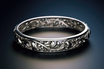 A detailed view of a silver ring placed on a table. This image can be used for various purposes, such as jewelry advertisements, wedding invitations, or fashion blogs.