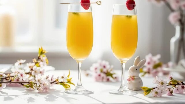 Easter brunch mimosas served on sunlit spring table by window with cherry blossoms and ceramic bunny centerpiece, festive floral still life for morning celebration