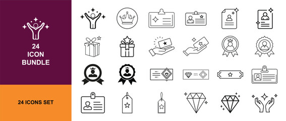 Reward and achievement icon set with gift medal certificate and trophy symbols, minimal line vector collection for loyalty program and success