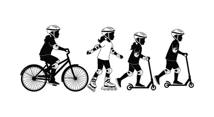 Obraz premium A series of black silhouettes depicts a child s progression through various modes of transport bicycle roller skates scooter silhouette