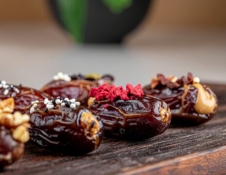 Variety of Filled Dates with Different Toppings on Natural Backdrop Suitable for Culinary Artwork and Gastronomic Imaging, filled dates, date-based Snickers bars, nut butter center, 