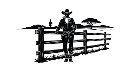 A lone cowboy leans against a wooden fence in a desert landscape showcasing a striking silhouette high quality professional detailed modern © rabbivay