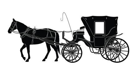 A striking black silhouette depicts a horse drawn carriage showcasing classic elegance and historical transport silhouette high quality professional detailed modern elegant