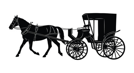 A striking black silhouette depicts a horse drawn carriage in motion capturing a classic and elegant scene silhouette high quality professional detailed