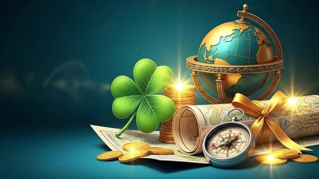 Green shamrock with coins, map, globe, and compass on table. St. Patricks Day celebration and Irish heritage concept for travel and luck.